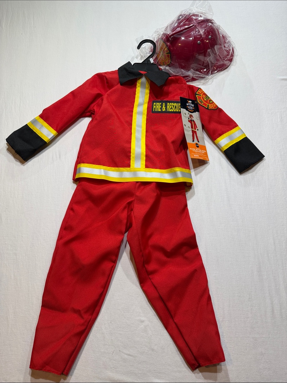 NWT Children's Red Firefighter Dress-Up Costume with Helmet Glow in the Dark